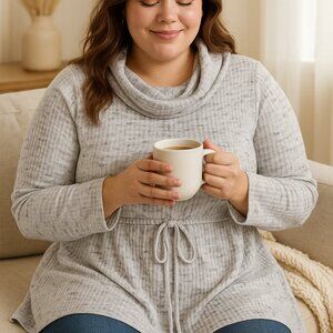 Lane Bryant Gray Speckled Waffle Knit‎ Tunic Top with Cowl Neck